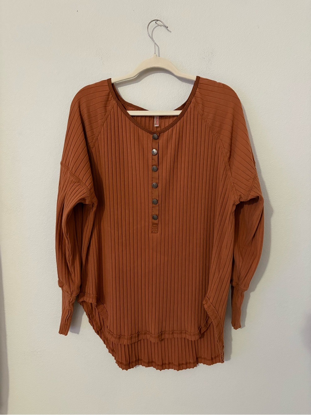 FP Movement Free People Bella Layer Ribbed Henley Top Teak Brown Large Boho